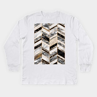 Abstract Chevron Pattern - Black and White Marble Kids Long Sleeve T-Shirt